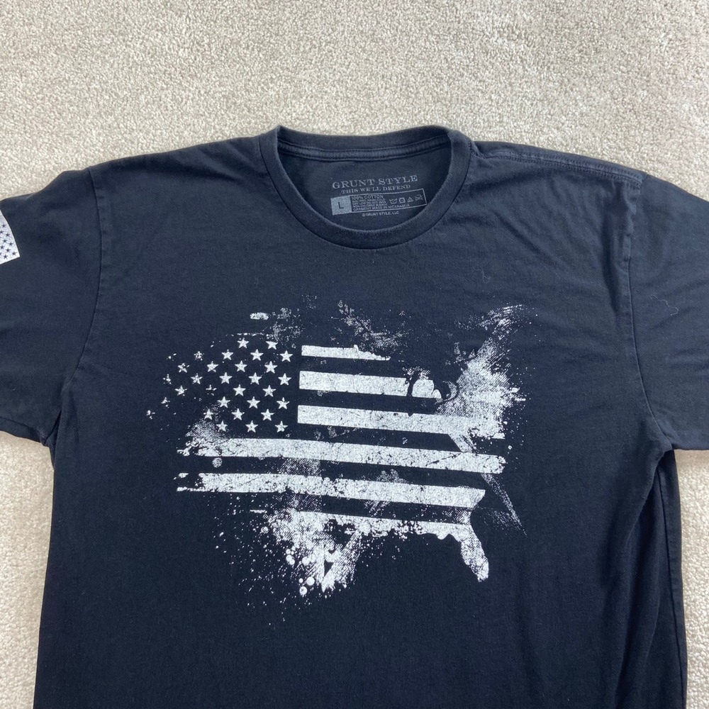 Grunt Style T-Shirt Men Large Black American Flag Graphic Distressed Cotton Tee